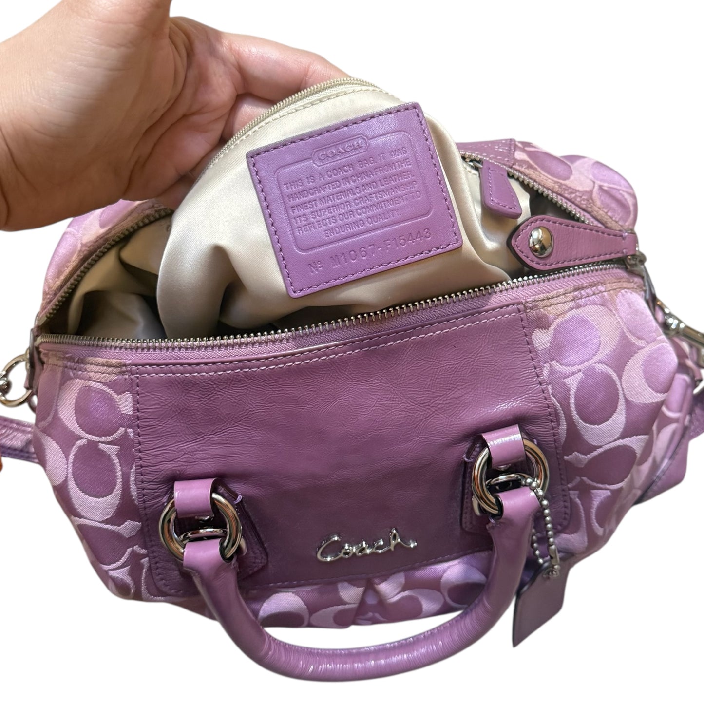 Coach Madison Sabrina Satchel in Signature Satin Fabric with Leather Trim