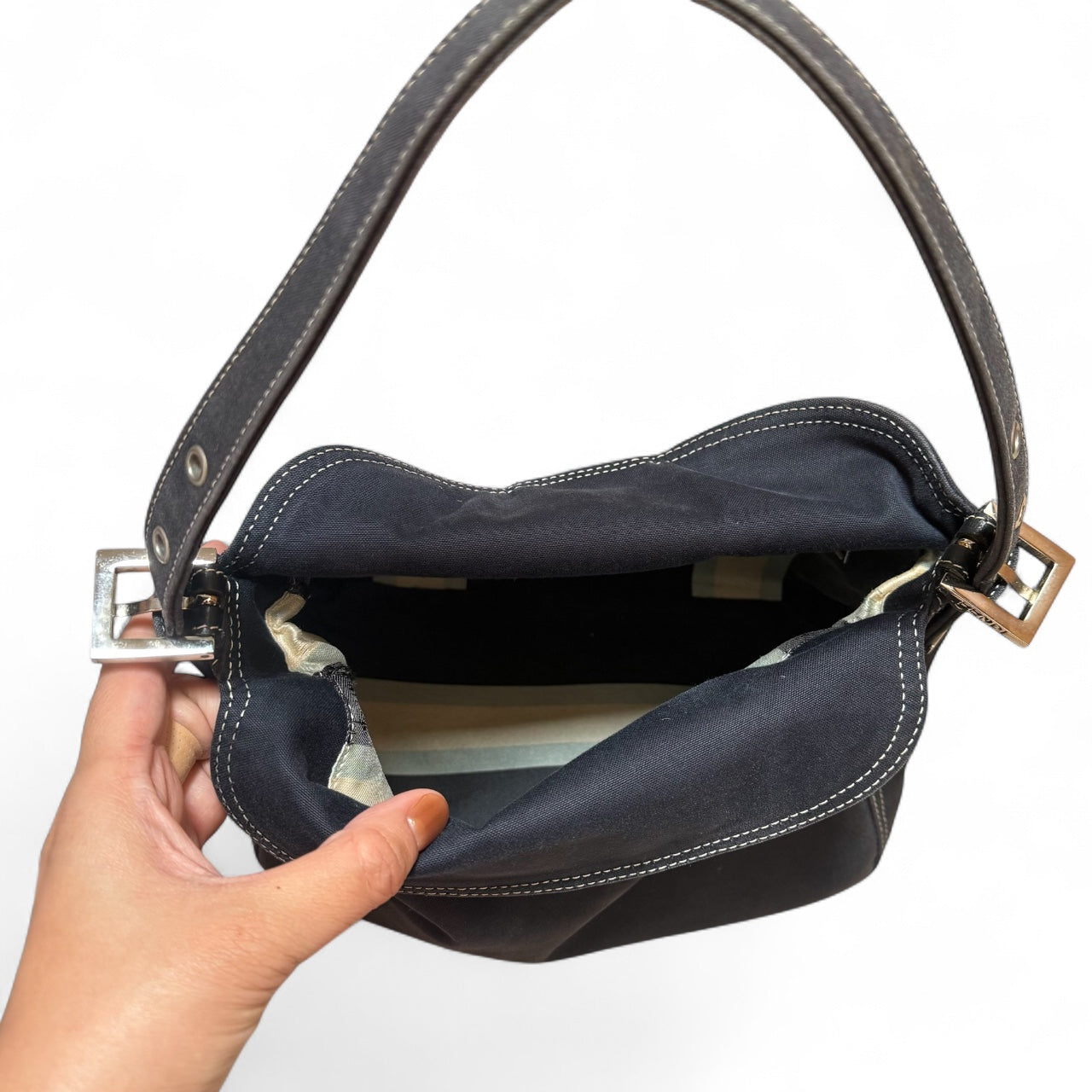 Fendi Baguette Shoulder Bag – Navy Canvas with Enamel Buckle