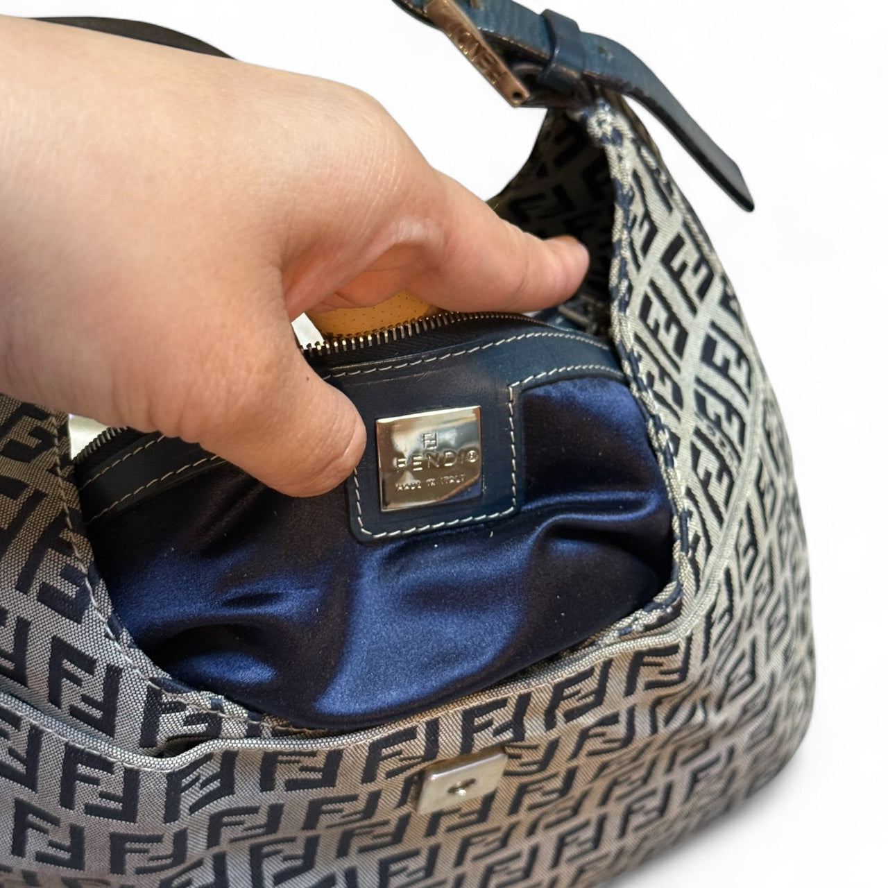 Fendi Zucchino Baguette Bag – Navy Canvas with Blue Leather Trim