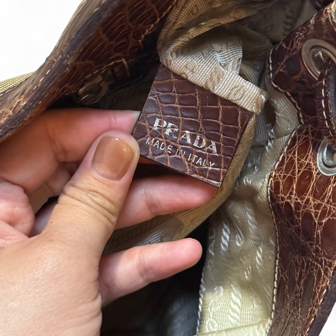 Prada Canapa Canvas & Croc-Embossed Leather Shoulder Bag (circa early 2000s)