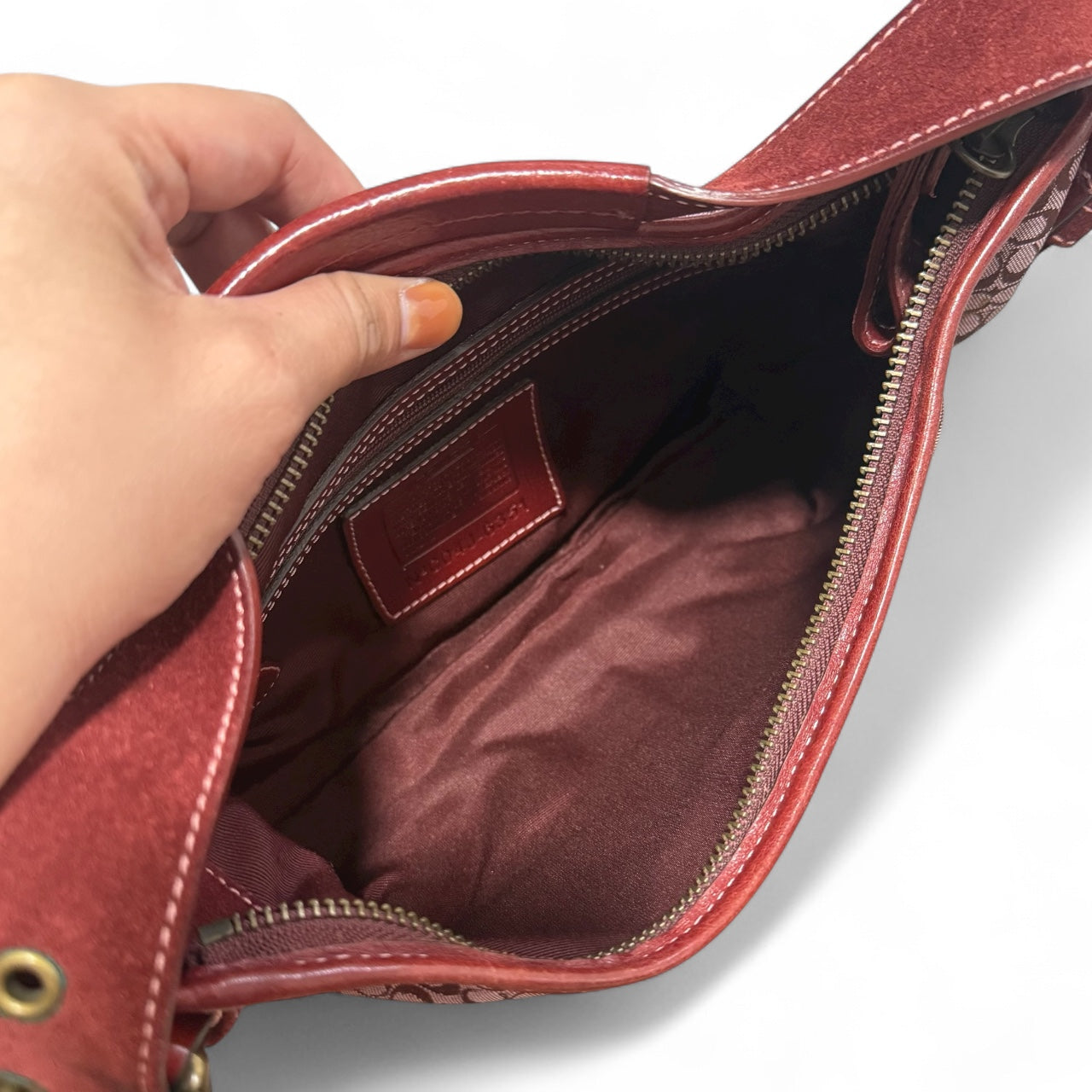 Coach Signature Burgundy Suede Trim Shoulder Bag