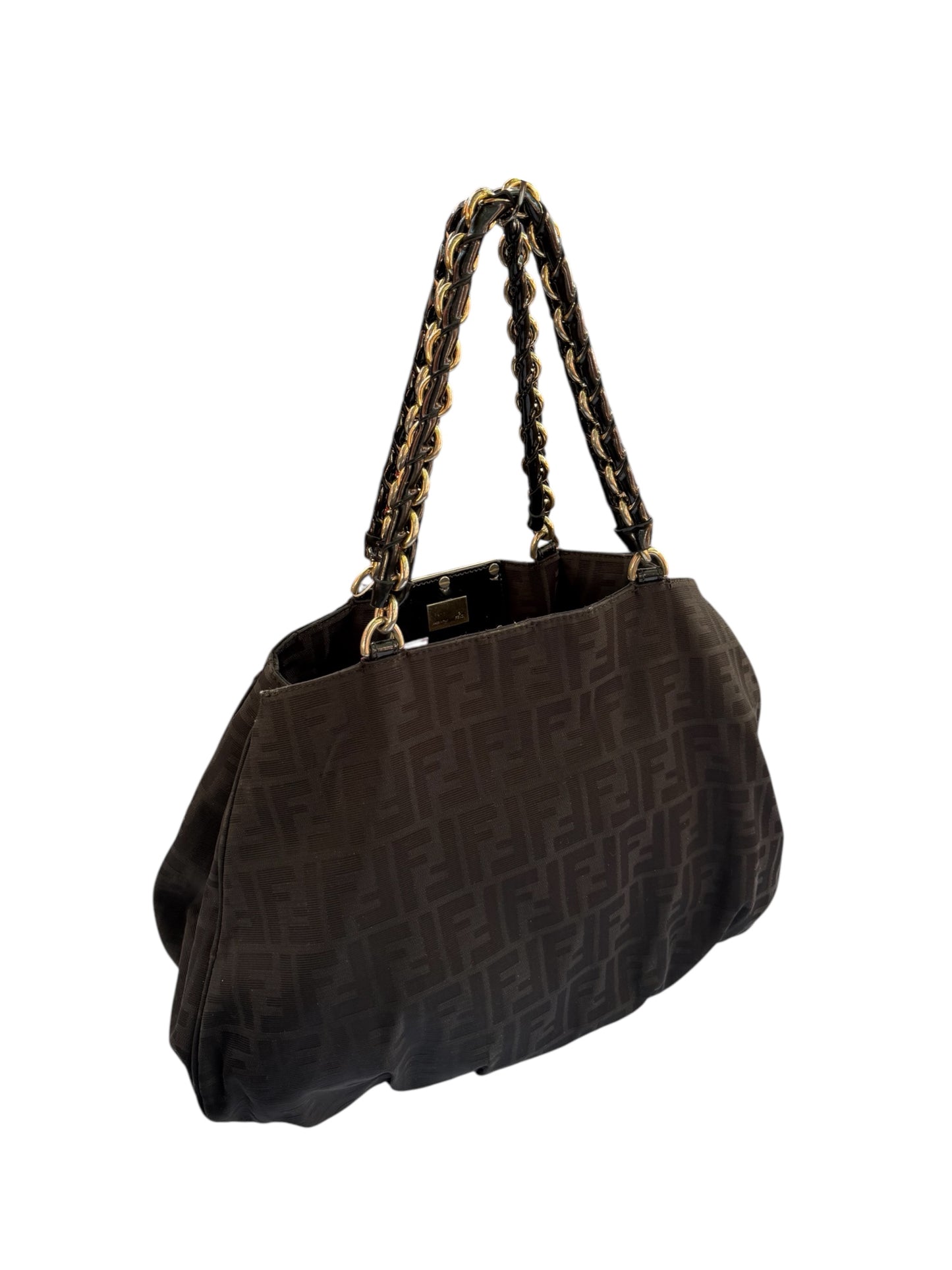 FENDI vintage 
Black Zucca Print Canvas Large Mia Shoulder Bag