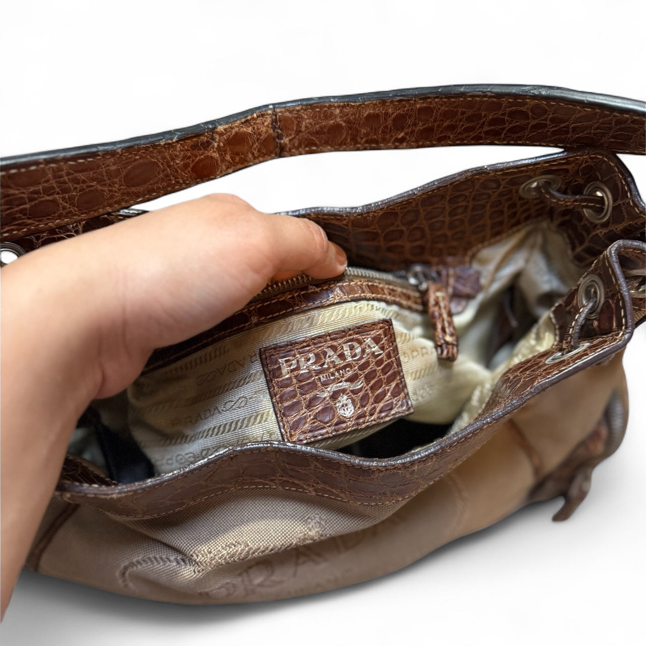 Prada Canapa Canvas & Croc-Embossed Leather Shoulder Bag (circa early 2000s)