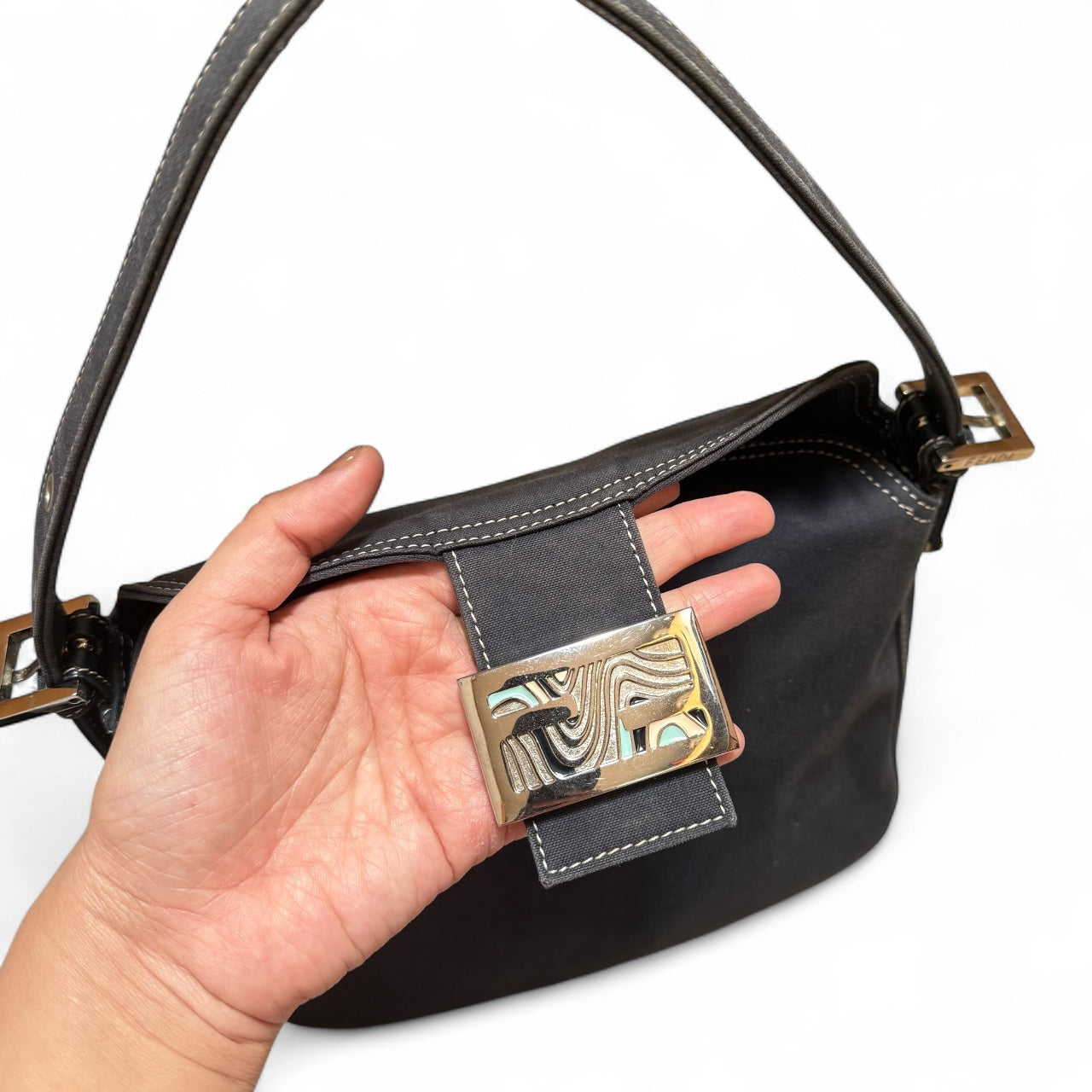 Fendi Baguette Shoulder Bag – Navy Canvas with Enamel Buckle