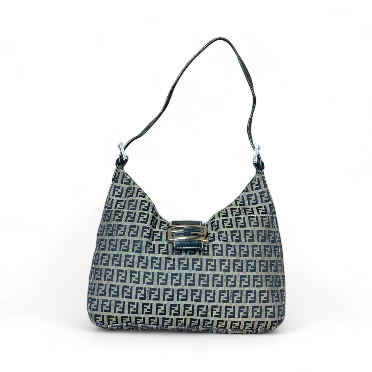 Fendi Zucchino Baguette Bag – Navy Canvas with Blue Leather Trim