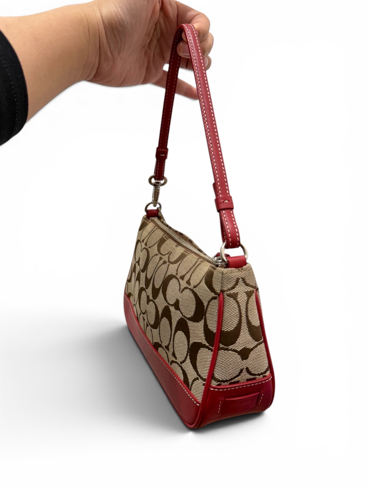 Coach Signature Jacquard Mini Shoulder Bag – Khaki & Red
