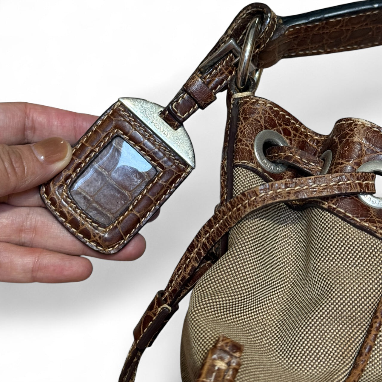 Prada Canapa Canvas & Croc-Embossed Leather Shoulder Bag (circa early 2000s)