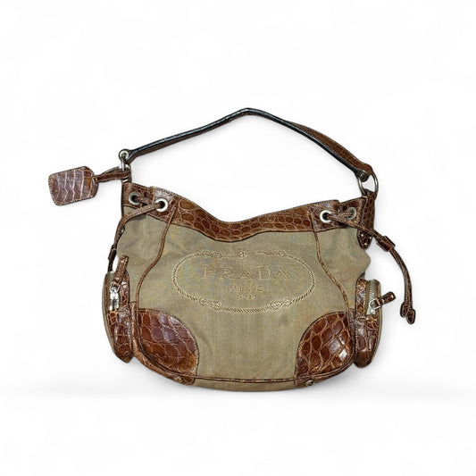 Prada Canapa Canvas & Croc-Embossed Leather Shoulder Bag (circa early 2000s)