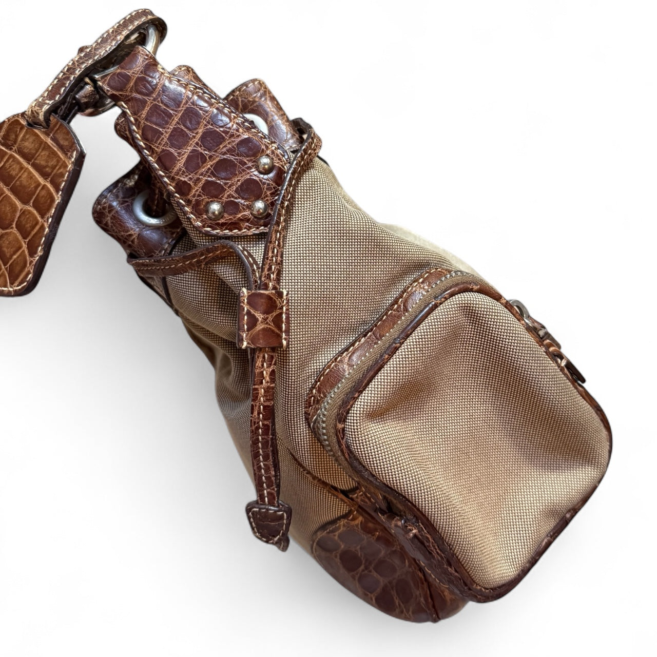 Prada Canapa Canvas & Croc-Embossed Leather Shoulder Bag (circa early 2000s)