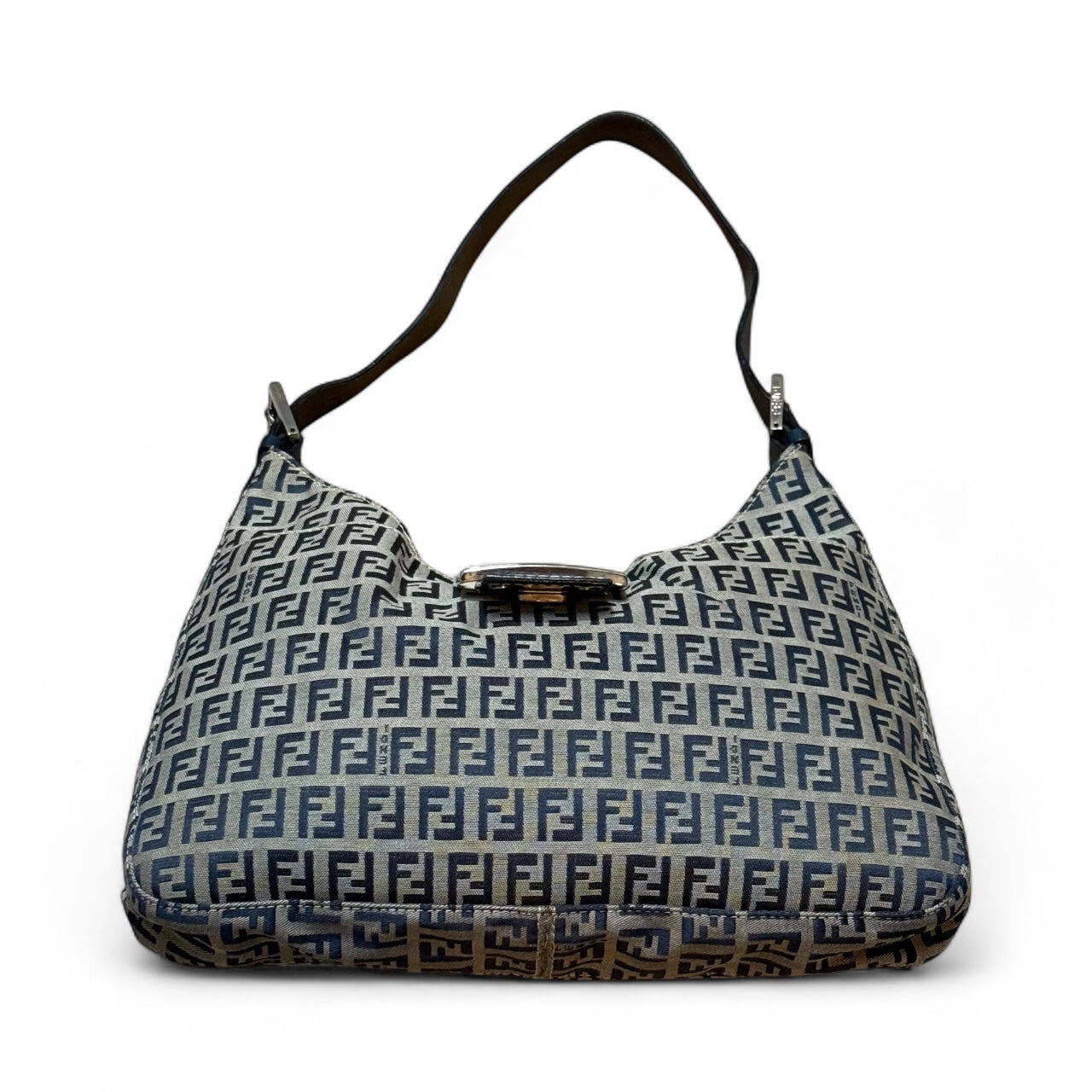 Fendi Zucchino Baguette Bag – Navy Canvas with Blue Leather Trim