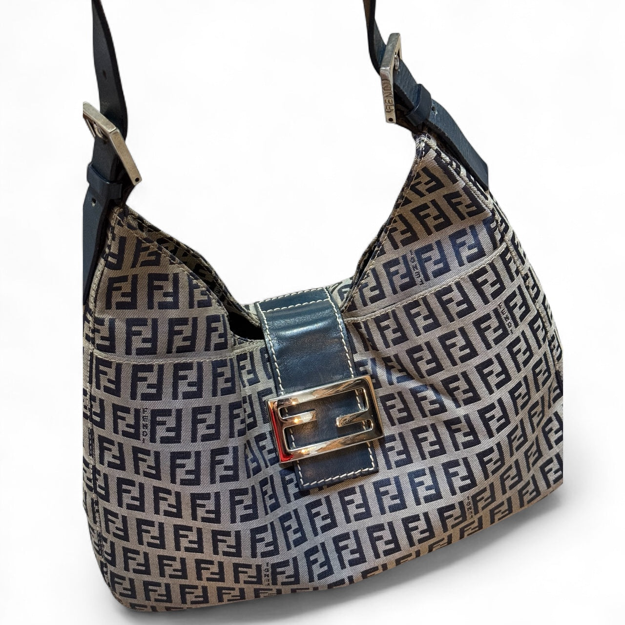Fendi Zucchino Baguette Bag – Navy Canvas with Blue Leather Trim