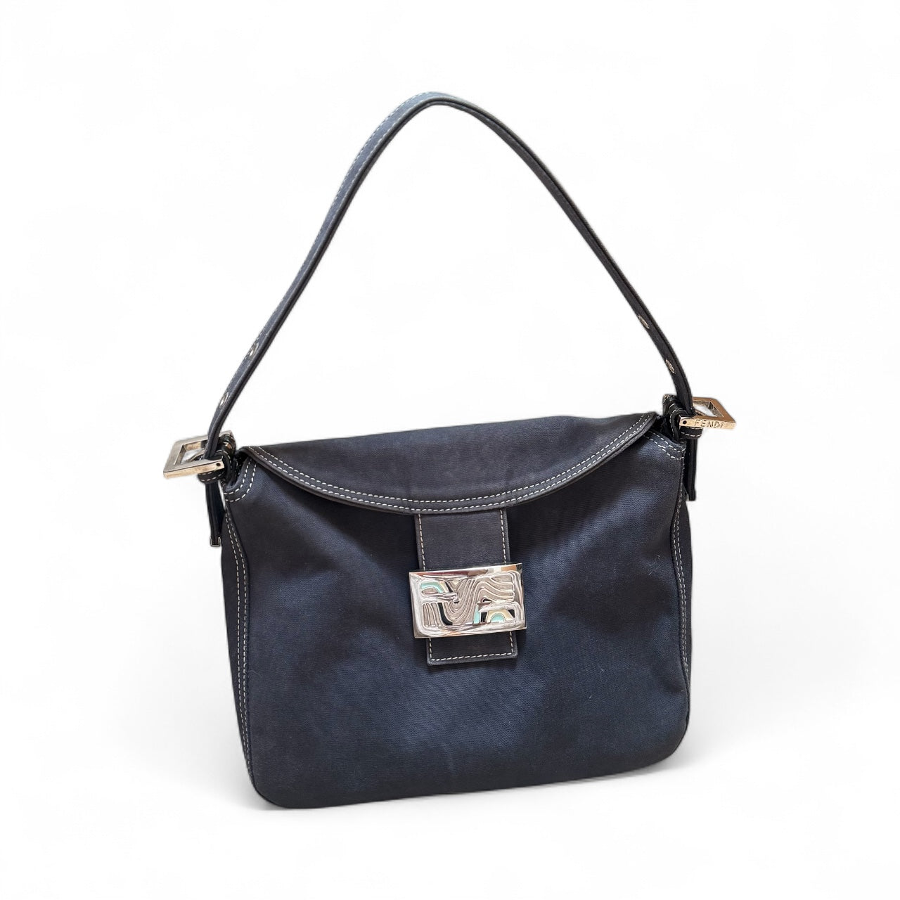 Fendi Baguette Shoulder Bag – Navy Canvas with Enamel Buckle