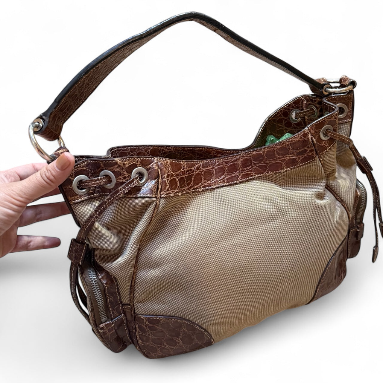 Prada Canapa Canvas & Croc-Embossed Leather Shoulder Bag (circa early 2000s)