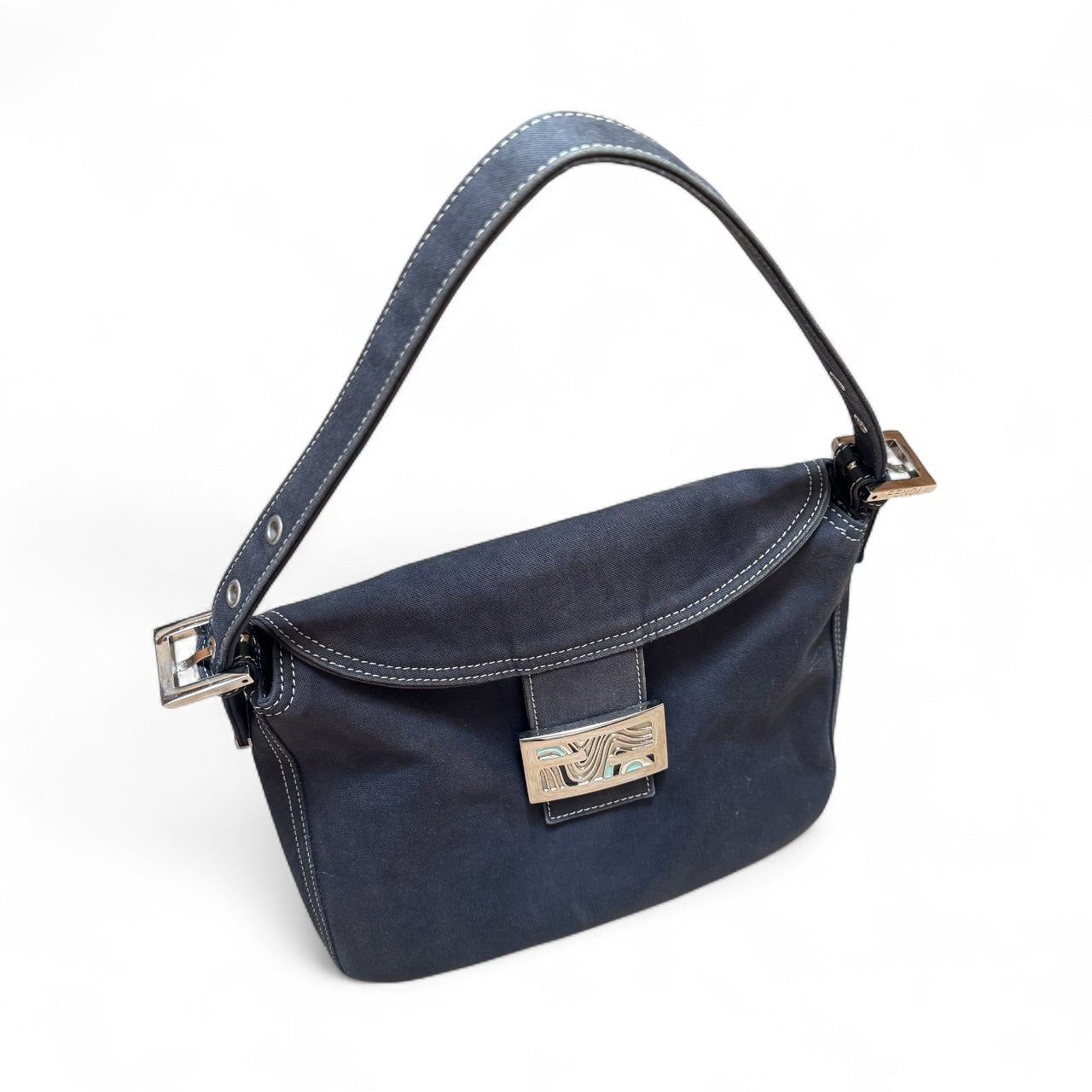 Fendi Baguette Shoulder Bag – Navy Canvas with Enamel Buckle