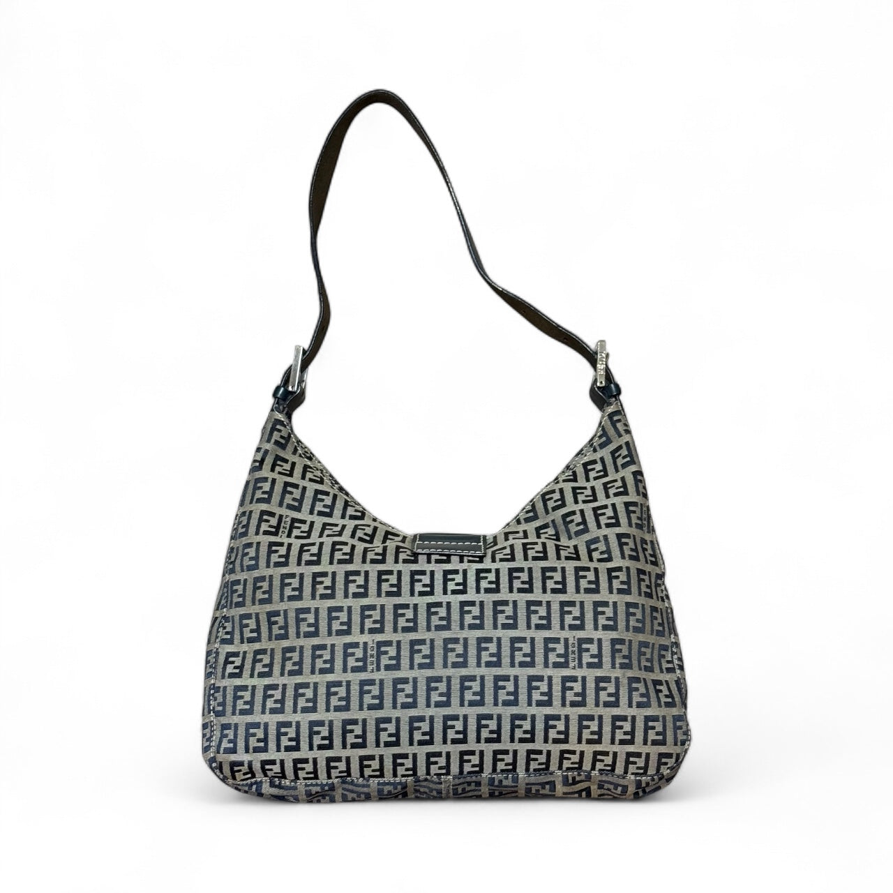 Fendi Zucchino Baguette Bag – Navy Canvas with Blue Leather Trim