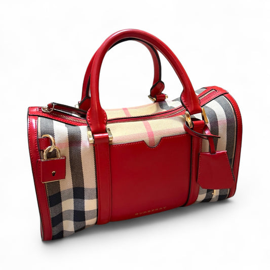 Burberry Bowling Boston Bag – Red Leather & Nova Check Canvas