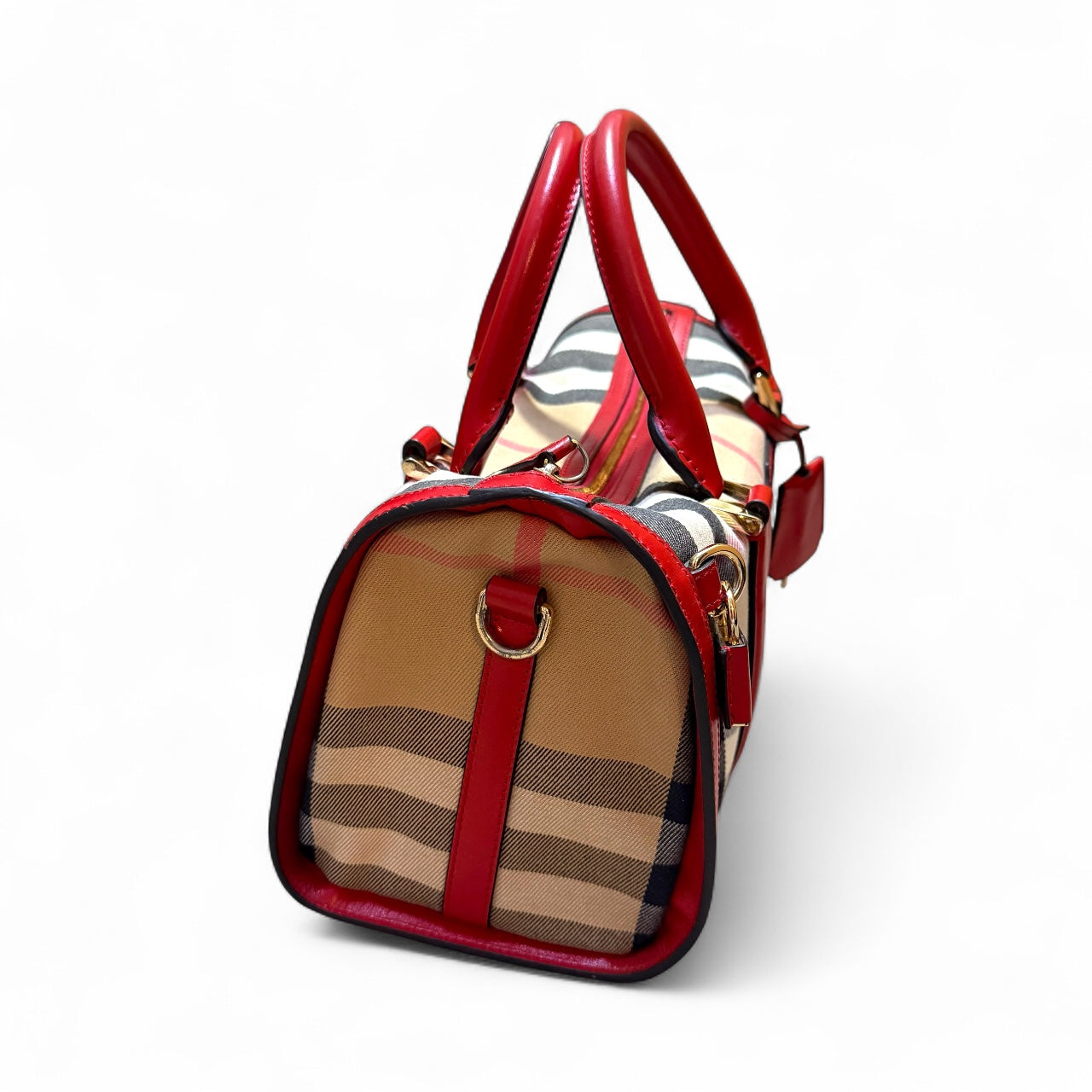 Burberry Bowling Boston Bag – Red Leather & Nova Check Canvas