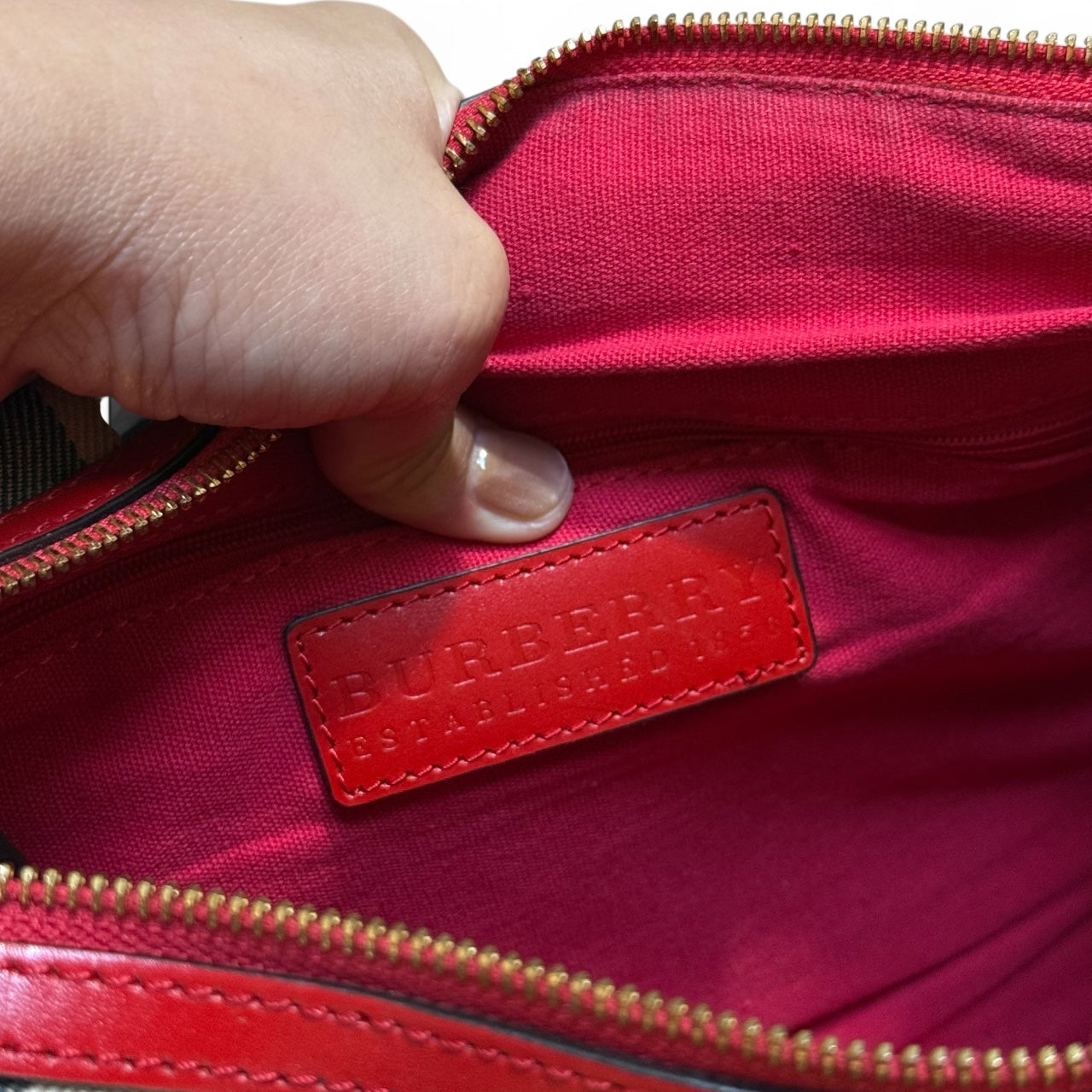 Burberry Bowling Boston Bag – Red Leather & Nova Check Canvas