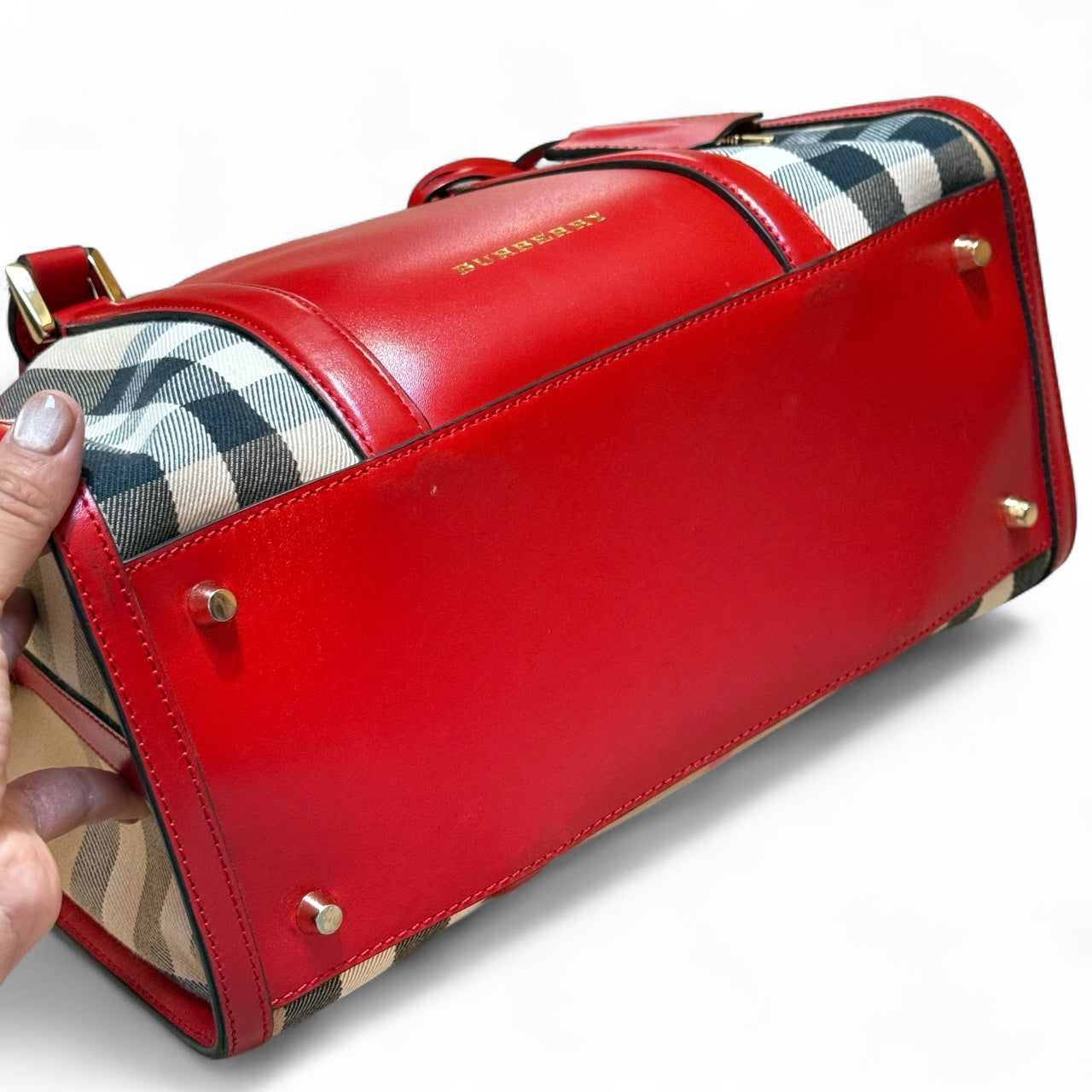 Burberry Bowling Boston Bag – Red Leather & Nova Check Canvas