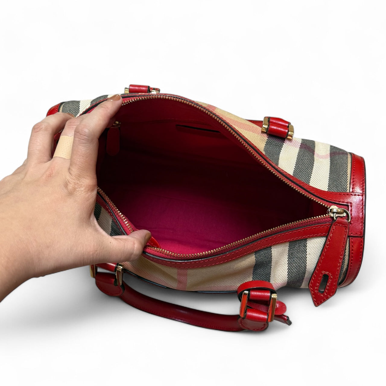Burberry Bowling Boston Bag – Red Leather & Nova Check Canvas