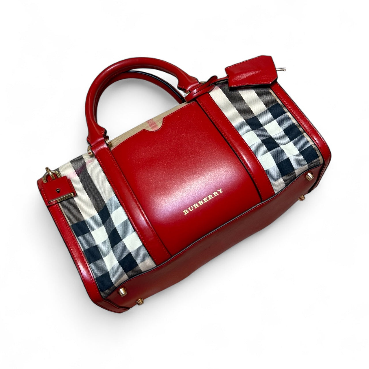 Burberry Bowling Boston Bag – Red Leather & Nova Check Canvas